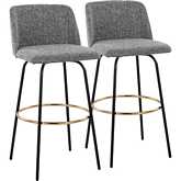 Toriano 30" Swivel Bar Stool in Grey Noise Fabric & Black Metal with Round Gold Footrest (Set of 2)